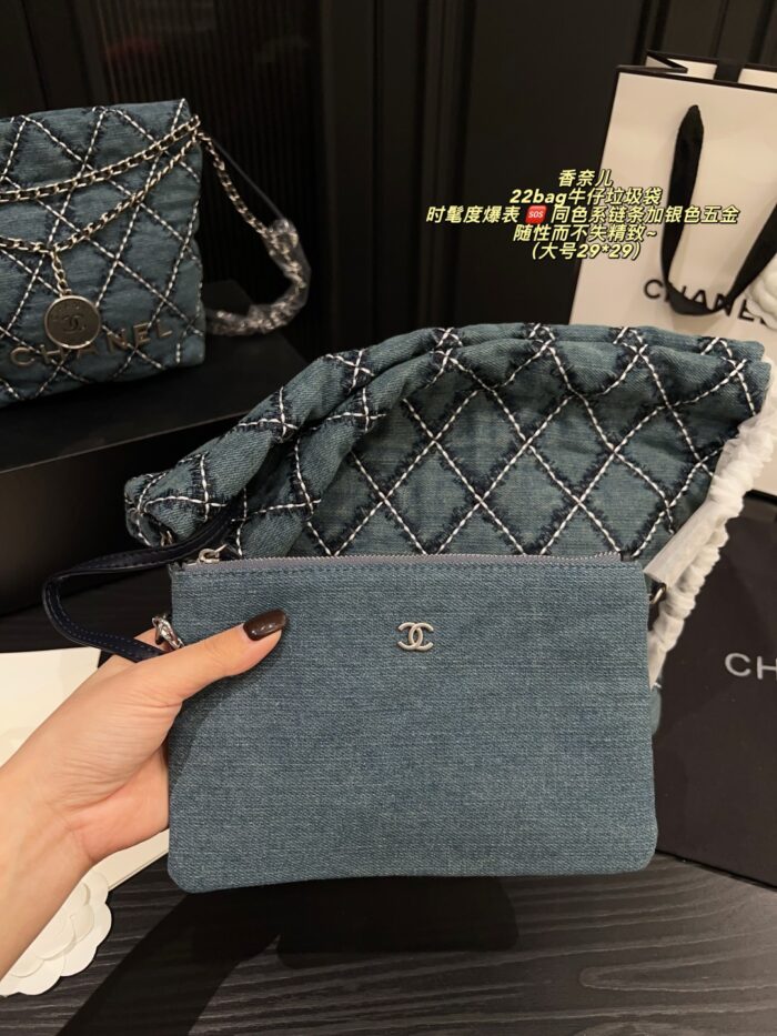 Chanel 22 Bag Denim Tote White Topstitching On Blue Denim Matching Chain Strap With Silver Hardware Surprisingly Spacious - Image 4