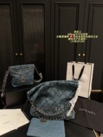 Chanel 22 Bag Denim Tote White Topstitching On Blue Denim Matching Chain Strap With Silver Hardware Surprisingly Spacious - Image 6