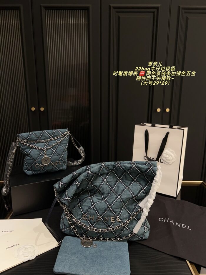 Chanel 22 Bag Denim Tote White Topstitching On Blue Denim Matching Chain Strap With Silver Hardware Surprisingly Spacious - Image 6
