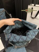 Chanel 22 Bag Denim Tote White Topstitching On Blue Denim Matching Chain Strap With Silver Hardware Surprisingly Spacious - Image 7