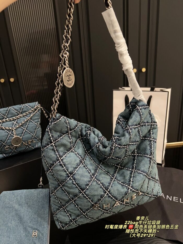 Chanel 22 Bag Denim Tote White Topstitching On Blue Denim Matching Chain Strap With Silver Hardware Surprisingly Spacious - Image 8