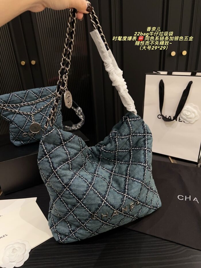 Chanel 22 Bag Denim Tote White Topstitching On Blue Denim Matching Chain Strap With Silver Hardware Surprisingly Spacious - Image 9