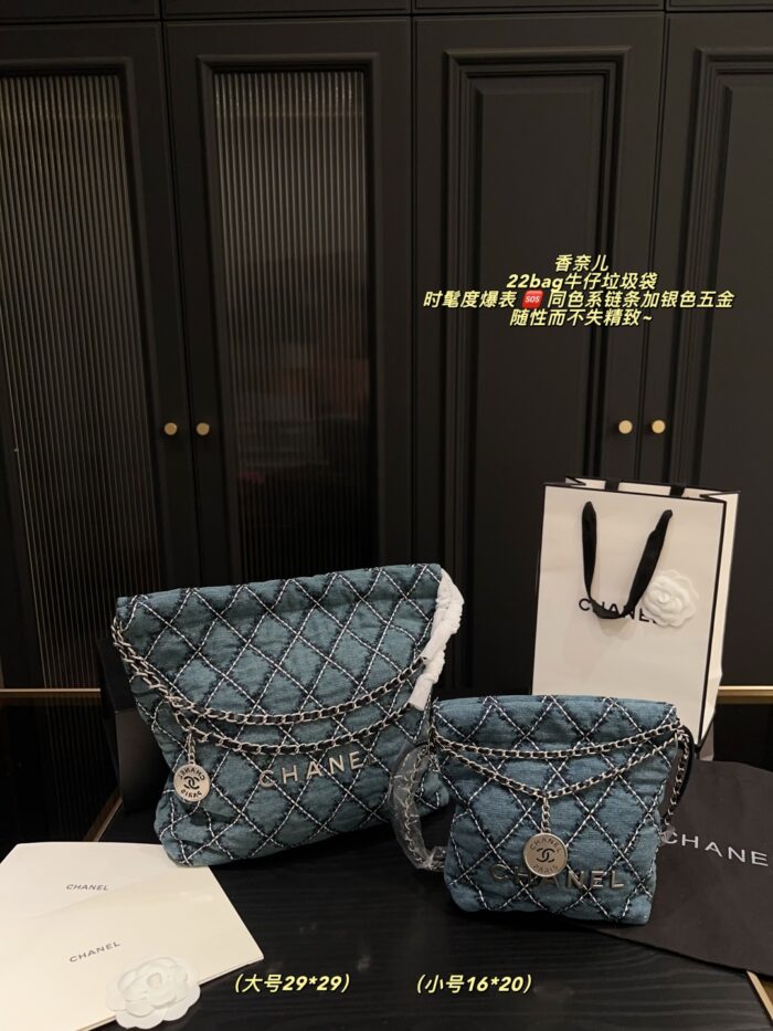 Chanel 22 Bag Denim Tote White Topstitching On Blue Denim Matching Chain Strap With Silver Hardware Surprisingly Spacious - Image 10