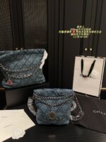 Chanel 22 Bag Denim Tote White Topstitching On Blue Denim Matching Chain Strap With Silver Hardware Surprisingly Spacious - Image 12