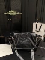 Chanel Black And Silver Embossed Double C Tote External Large Logo Stitching, Black And Silver Leather Chain-Strap Shoulder Bag