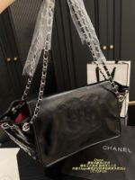 Chanel Black And Silver Embossed Double C Tote External Large Logo Stitching, Black And Silver Leather Chain-Strap Shoulder Bag - Image 7