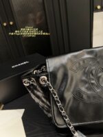 Chanel Black And Silver Embossed Double C Tote External Large Logo Stitching, Black And Silver Leather Chain-Strap Shoulder Bag - Image 8
