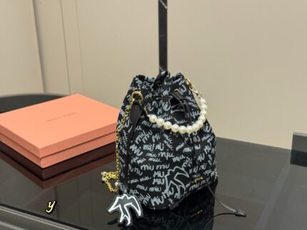 Miu Miu Bucket Bag With Printed Pearl Chain Detail