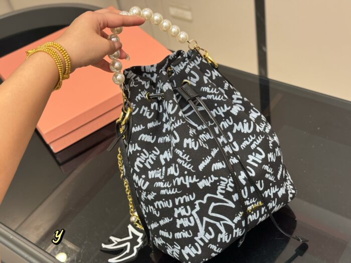 Miu Miu Bucket Bag With Printed Pearl Chain Detail - Image 2