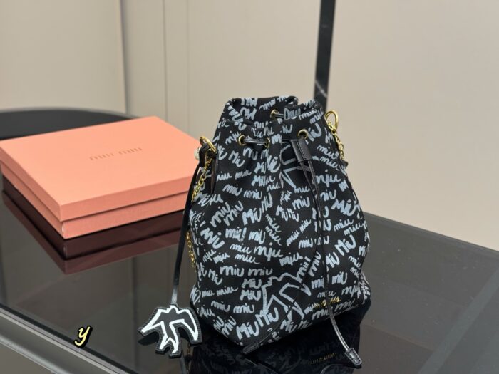 Miu Miu Bucket Bag With Printed Pearl Chain Detail - Image 9