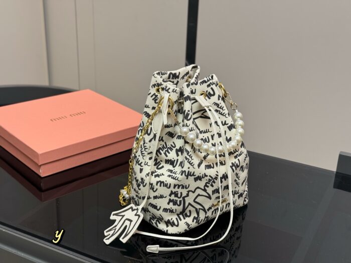 Miu Miu Bucket Bag With Printed Pearl Chain Detail - Image 12