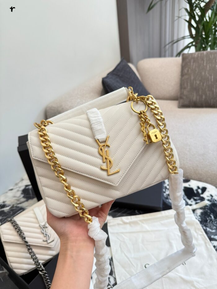 Yves Saint Laurent College Messenger Bag - Lambskin With Gold Logo - Detachable Chain - Multiple Carry Options - Image 3