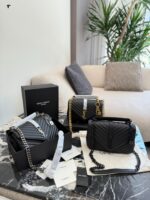 Yves Saint Laurent College Collection Black Gold Messenger Bag Soft Lambskin With Gold Logo Detachable Chain Strap Handheld, Shoulder Or Crossbody Carry
