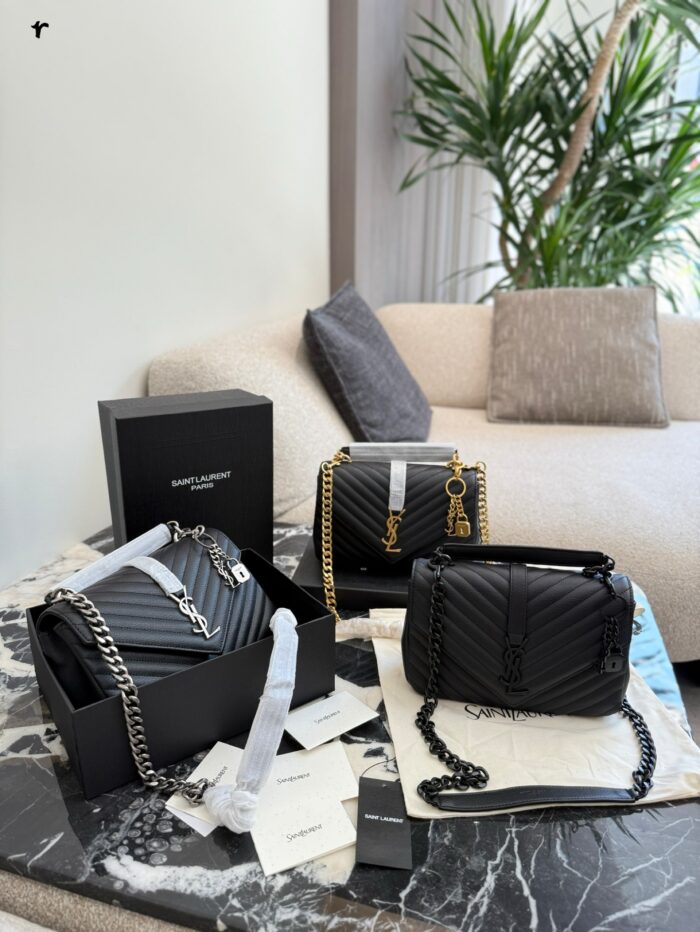 Yves Saint Laurent College Collection Black Gold Messenger Bag Soft Lambskin With Gold Logo Detachable Chain Strap Handheld, Shoulder Or Crossbody Carry - Image 1