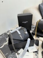 Yves Saint Laurent College Collection Black Gold Messenger Bag Soft Lambskin With Gold Logo Detachable Chain Strap Handheld, Shoulder Or Crossbody Carry - Image 2
