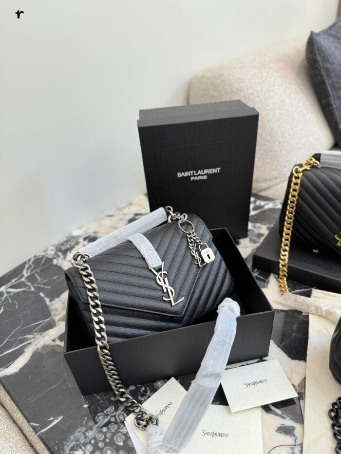 Yves Saint Laurent College Collection Black Gold Messenger Bag Soft Lambskin With Gold Logo Detachable Chain Strap Handheld, Shoulder Or Crossbody Carry - Image 2