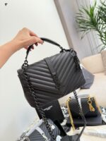 Yves Saint Laurent College Collection Black Gold Messenger Bag Soft Lambskin With Gold Logo Detachable Chain Strap Handheld, Shoulder Or Crossbody Carry - Image 3