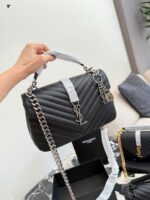 Yves Saint Laurent College Collection Black Gold Messenger Bag Soft Lambskin With Gold Logo Detachable Chain Strap Handheld, Shoulder Or Crossbody Carry - Image 4