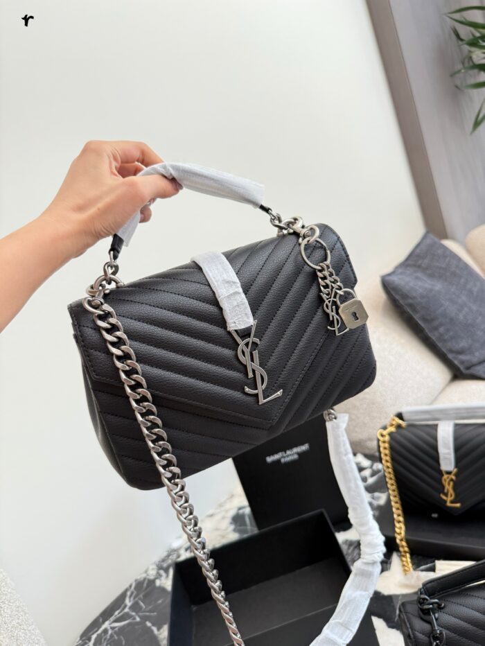 Yves Saint Laurent College Collection Black Gold Messenger Bag Soft Lambskin With Gold Logo Detachable Chain Strap Handheld, Shoulder Or Crossbody Carry - Image 4