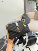 Yves Saint Laurent College Collection Black Gold Messenger Bag Soft Lambskin With Gold Logo Detachable Chain Strap Handheld, Shoulder Or Crossbody Carry - Image 5