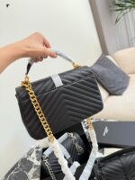 Yves Saint Laurent College Collection Black Gold Messenger Bag Soft Lambskin With Gold Logo Detachable Chain Strap Handheld, Shoulder Or Crossbody Carry - Image 6