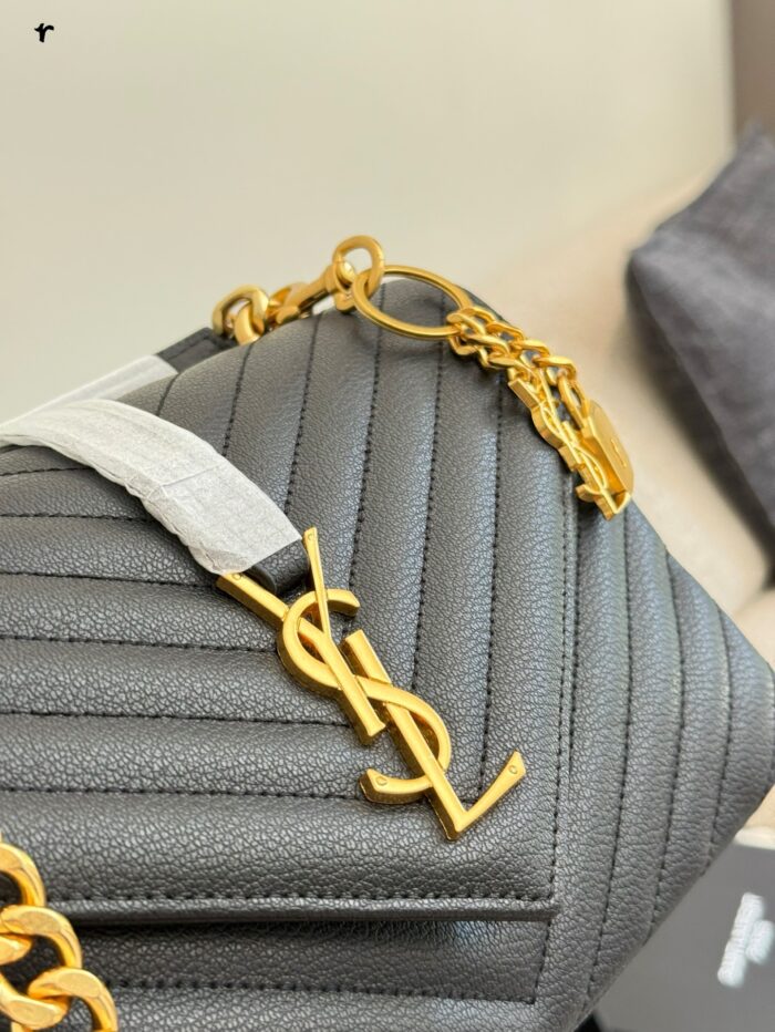 Yves Saint Laurent College Collection Black Gold Messenger Bag Soft Lambskin With Gold Logo Detachable Chain Strap Handheld, Shoulder Or Crossbody Carry - Image 8