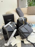Yves Saint Laurent College Collection Black Gold Messenger Bag Soft Lambskin With Gold Logo Detachable Chain Strap Handheld, Shoulder Or Crossbody Carry - Image 9