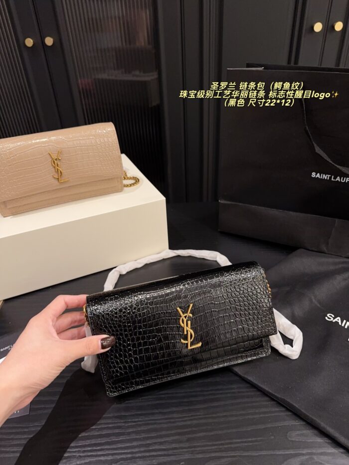 Yves Saint Laurent Crocodile-Embossed/Smooth Grain Leather Chain Bag Jewellery-Grade Craftsmanship Iconic Ysl Logo - Image 3