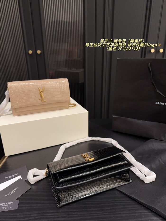 Yves Saint Laurent Crocodile-Embossed/Smooth Grain Leather Chain Bag Jewellery-Grade Craftsmanship Iconic Ysl Logo - Image 4