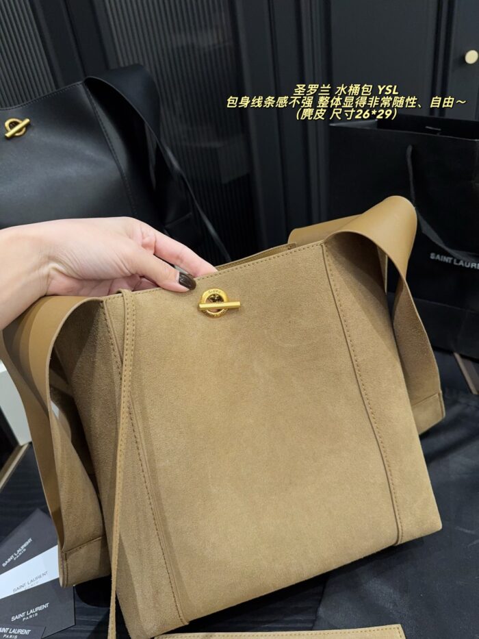 Yves Saint Laurent Cassandre Logo Bucket Bag Soft And Effortless Versatile Black And Gold Adjustable Shoulder Strap - Image 4