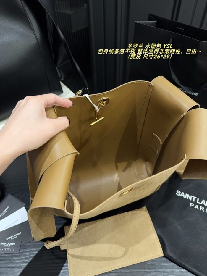 Yves Saint Laurent Cassandre Logo Bucket Bag Soft And Effortless Versatile Black And Gold Adjustable Shoulder Strap - Image 5