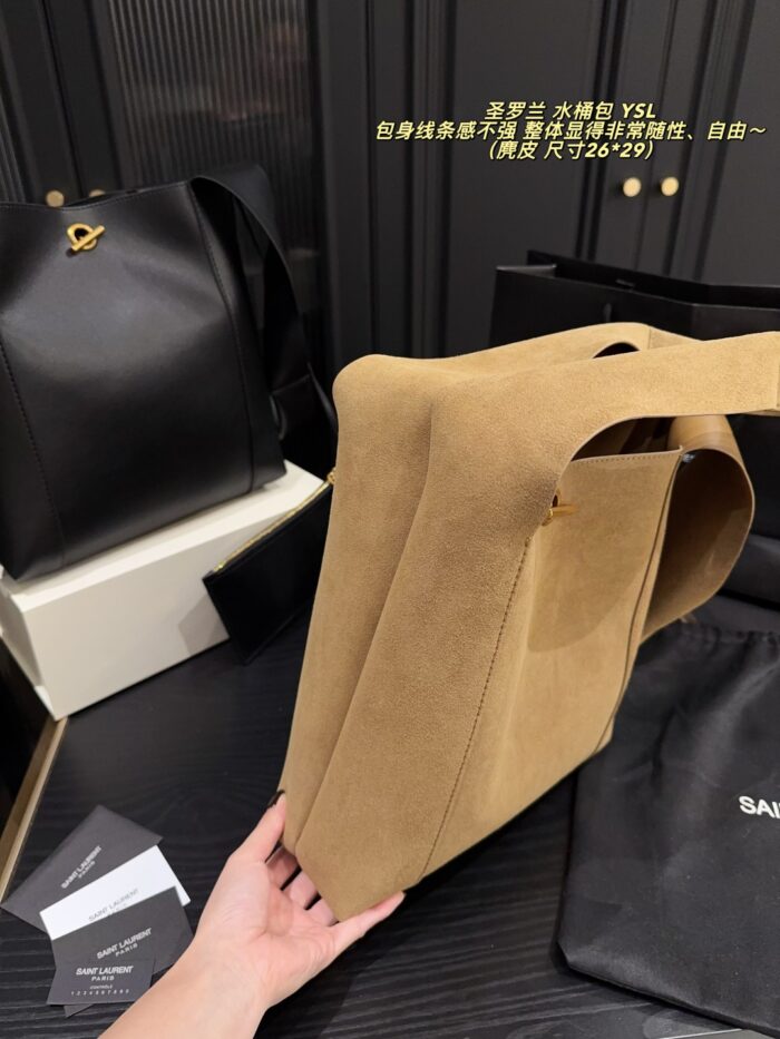 Yves Saint Laurent Cassandre Logo Bucket Bag Soft And Effortless Versatile Black And Gold Adjustable Shoulder Strap - Image 7