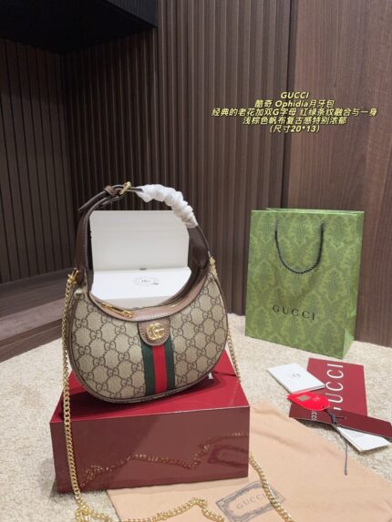 Gucci Ophidia Crescent Bag Classic Monogram With Double Gs Red And Green Stripes Light Brown Canvas With Vintage Charm Customisable With Ample Capacity