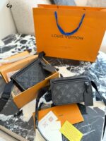 Louis Vuitton Bosphore Mini Messenger Bag Black Monogram Embossed Leather Trim Adjustable Strap Daily Commute