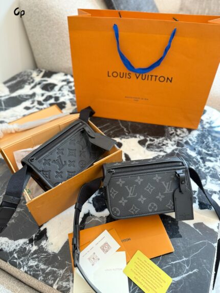 Louis Vuitton Bosphore Mini Messenger Bag Black Monogram Embossed Leather Trim Adjustable Strap Daily Commute