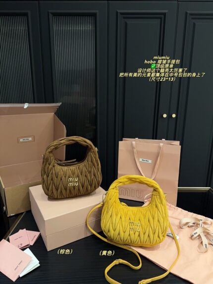 Miu Miu Hobo Pleated Handbag Pure Calf Leather In Caramel Brown Multiple Carrying Options With Generous Capacity