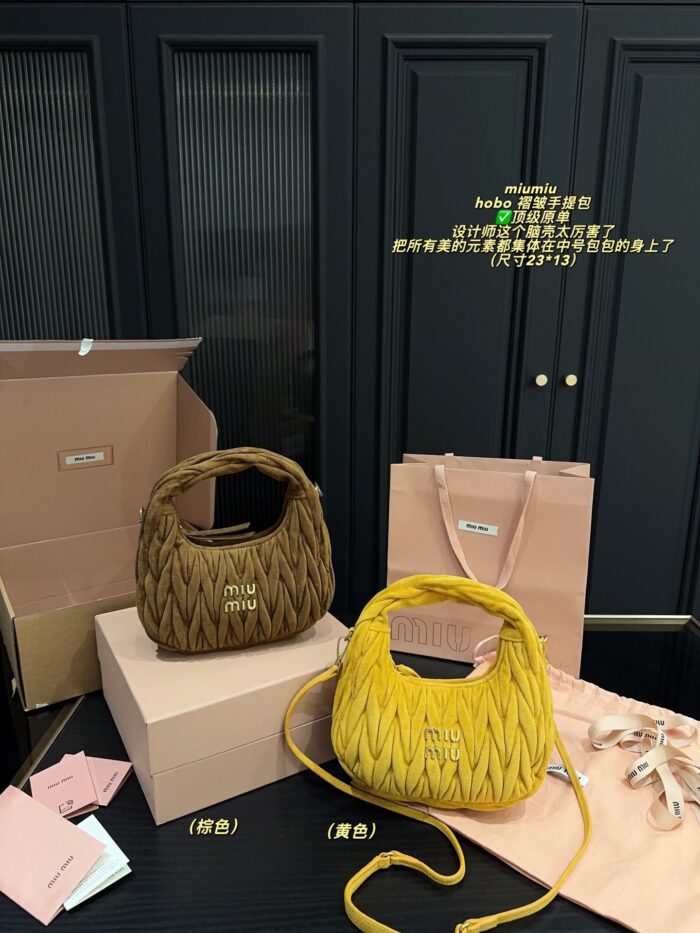 Miu Miu Hobo Pleated Handbag Pure Calf Leather In Caramel Brown Multiple Carrying Options With Generous Capacity - Image 1