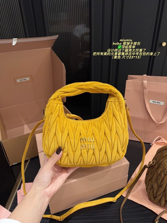 Miu Miu Hobo Pleated Handbag Pure Calf Leather In Caramel Brown Multiple Carrying Options With Generous Capacity - Image 4