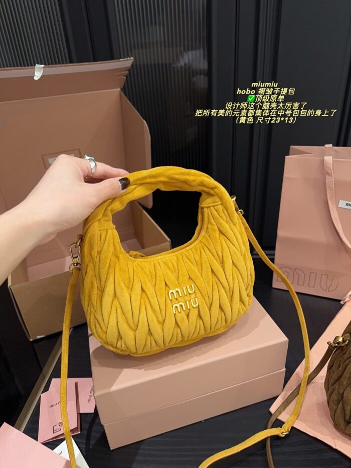 Miu Miu Hobo Pleated Handbag Pure Calf Leather In Caramel Brown Multiple Carrying Options With Generous Capacity - Image 5