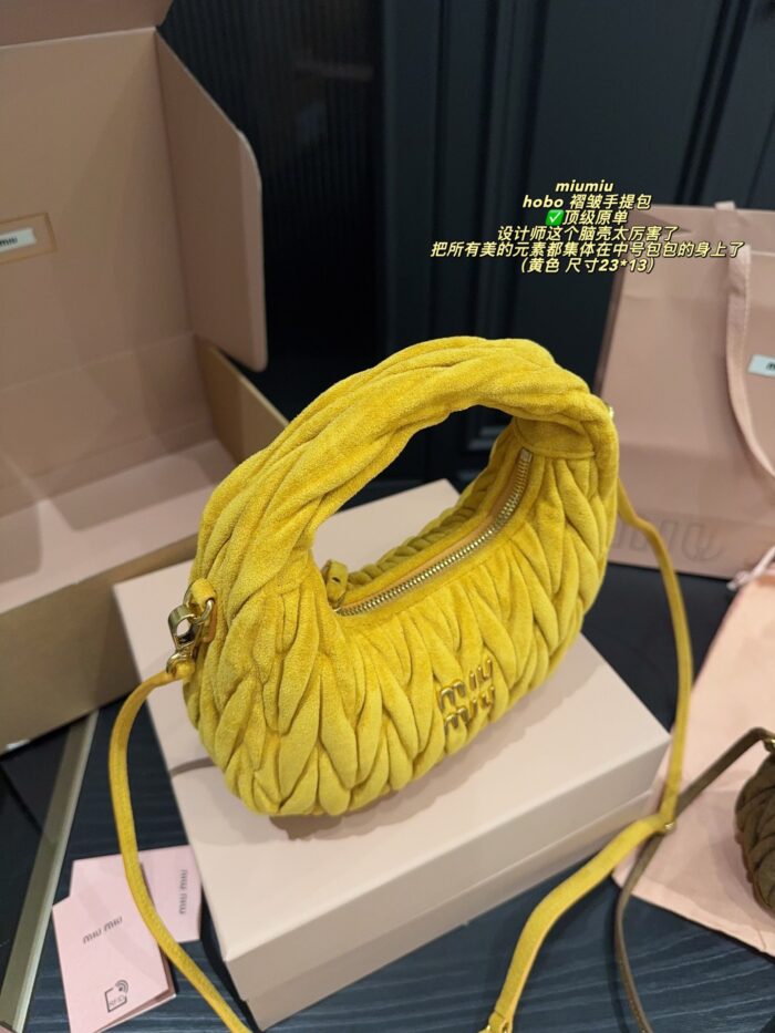 Miu Miu Hobo Pleated Handbag Pure Calf Leather In Caramel Brown Multiple Carrying Options With Generous Capacity - Image 6