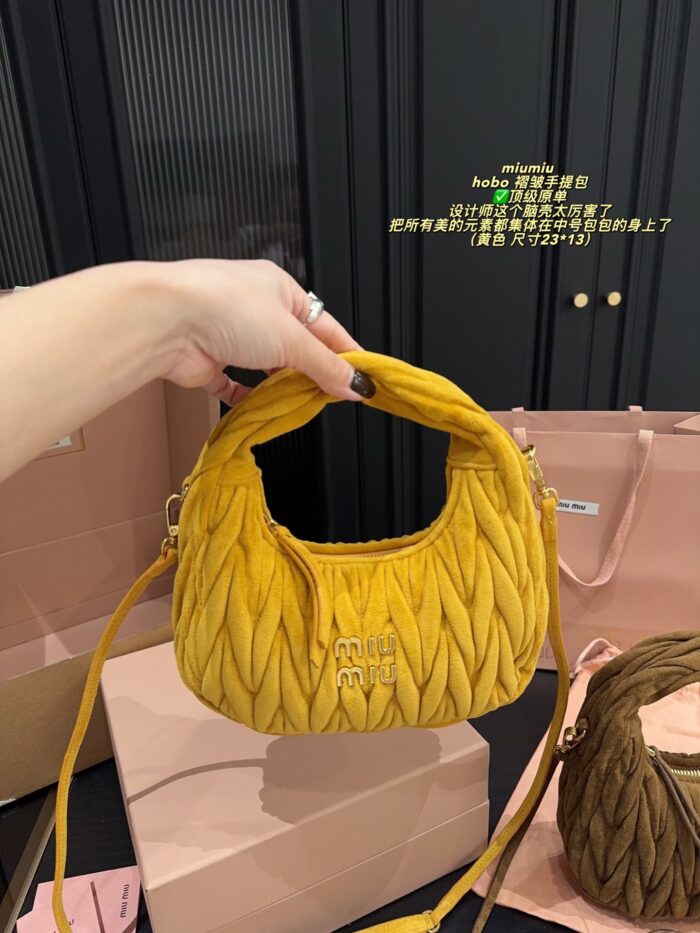 Miu Miu Hobo Pleated Handbag Pure Calf Leather In Caramel Brown Multiple Carrying Options With Generous Capacity - Image 9