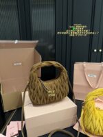 Miu Miu Hobo Pleated Handbag Pure Calf Leather In Caramel Brown Multiple Carrying Options With Generous Capacity - Image 10