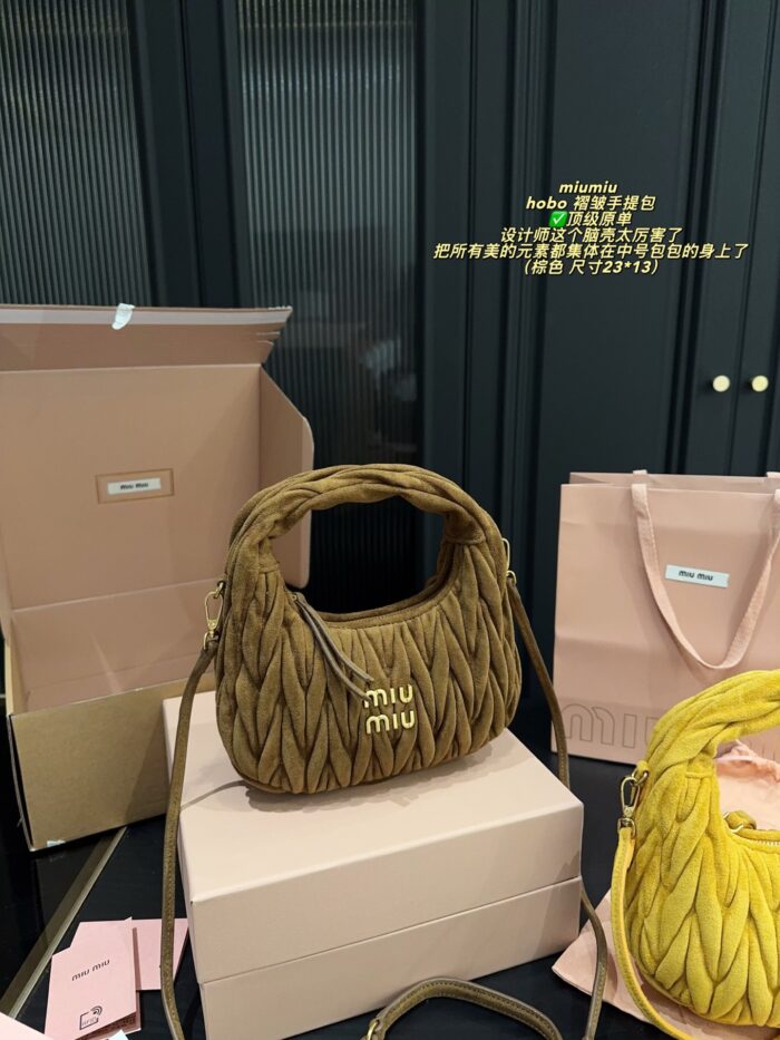 Miu Miu Hobo Pleated Handbag Pure Calf Leather In Caramel Brown Multiple Carrying Options With Generous Capacity - Image 10