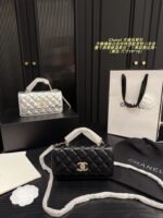 Chanel 24S Spring/Summer Pearl Handbag Black & Champagne Gold Lambskin With Multiple Compartments