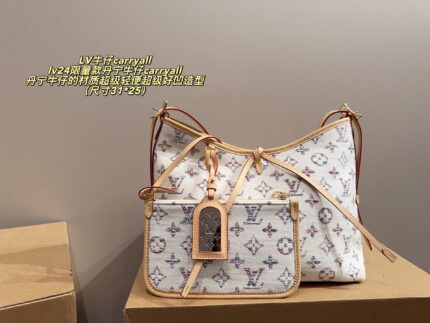 Louis Vuitton 24 Limited Edition Denim Carryall Lightweight And Versatile Styling Riveted Vegetable-Tanned Leather Shoulder Strap