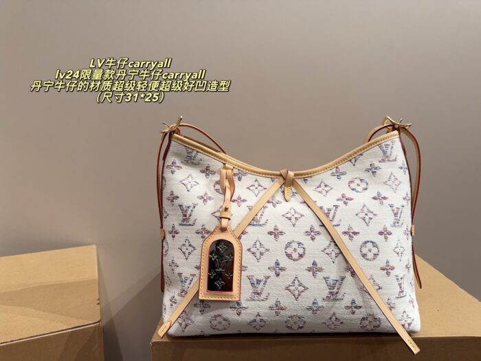 Louis Vuitton 24 Limited Edition Denim Carryall Lightweight And Versatile Styling Riveted Vegetable-Tanned Leather Shoulder Strap - Image 2