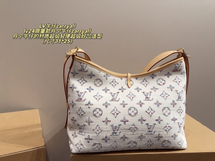 Louis Vuitton 24 Limited Edition Denim Carryall Lightweight And Versatile Styling Riveted Vegetable-Tanned Leather Shoulder Strap - Image 3