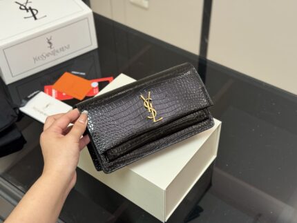Yves Saint Laurent Sunset Bag With Crocodile-Embossed Leather And Metallic Logo