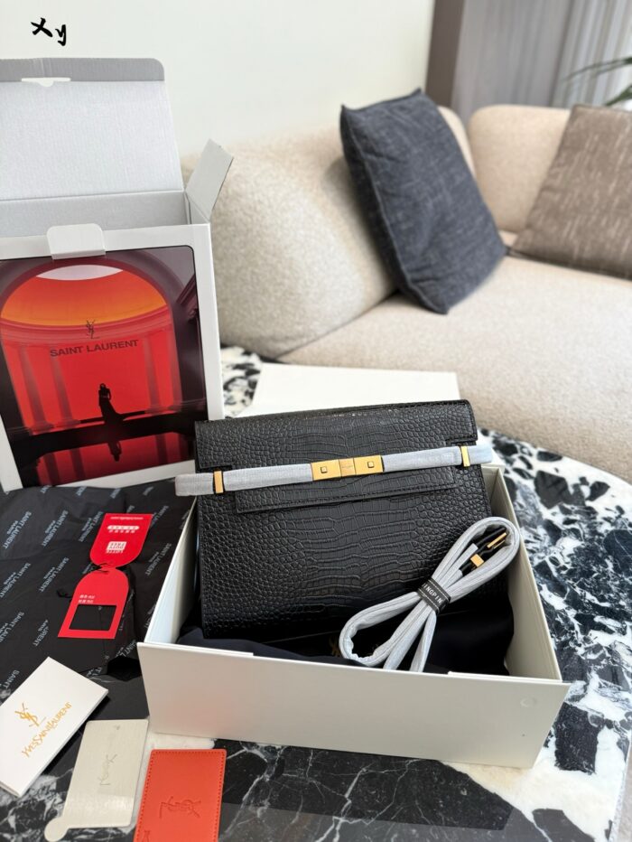 Yves Saint Laurent Manhattan Box Fashionable And Sleek Box Leather/Crocodile Embossed Metal Snap Adjustable Shoulder Strap Handbag - Image 1