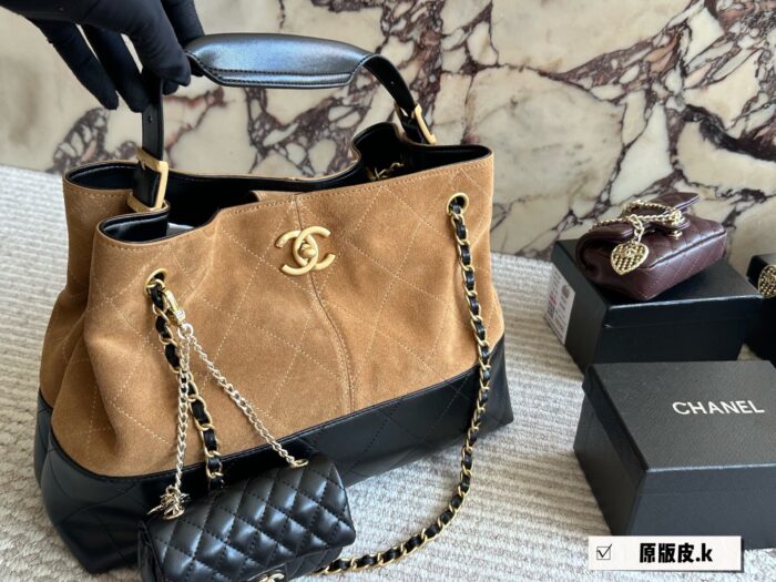 Chanel 25A Suede Hobo Shoulder Tote Suede Colour-Blocking Autumn/Winter Bag King - Image 8